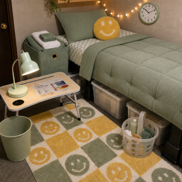 Sage, White, and Yellow Smiley Faces Dorm Room