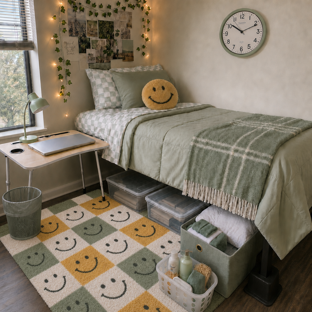 Sage, White, and Yellow Smiley Faces Dorm Room - Image 2