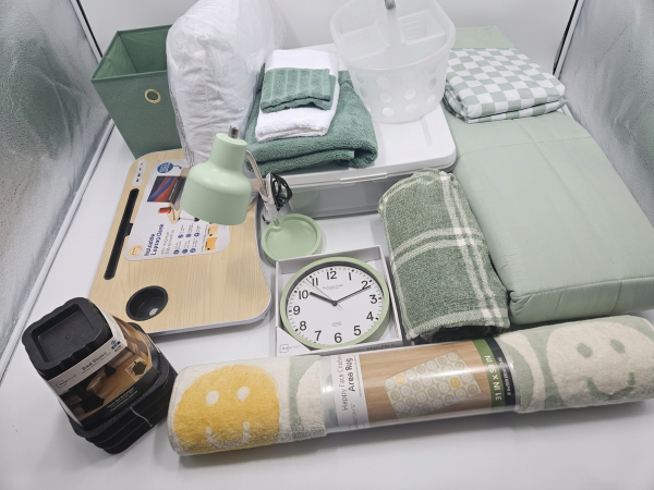 Sage, White, and Yellow Smiley Faces Dorm Room
